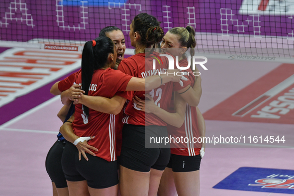 Olympiacos Athens celebrates scoring during the team's International Trophy ''Una squadra per un sorriso'' match between Reale Mutua Fenera...