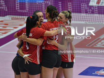 Olympiacos Athens celebrates scoring during the team's International Trophy ''Una squadra per un sorriso'' match between Reale Mutua Fenera...