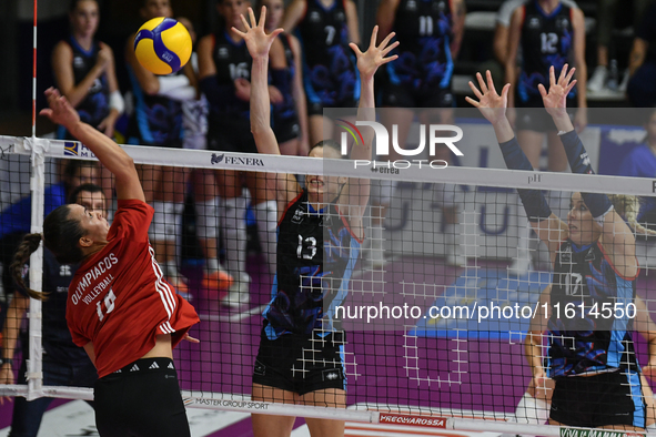 Yasmine Abderrahim of Olympiacos Athens is in action during the International Trophy ''Una squadra per un sorriso'' match between Reale Mutu...