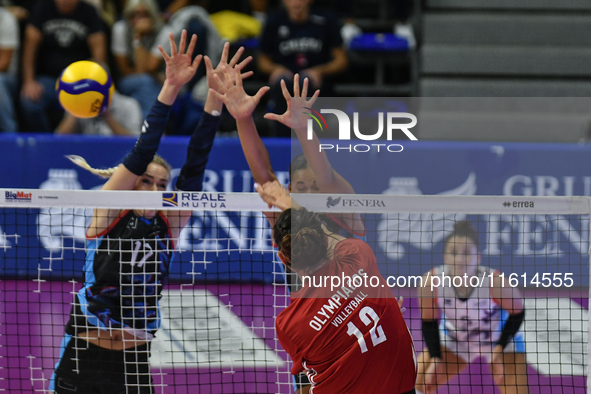 Milica Kubura of Olympiacos Athens is in action during the International Trophy ''Una squadra per un sorriso'' match between Reale Mutua Fen...