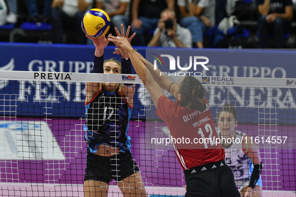 Milica Kubura of Olympiacos Athens is in action during the International Trophy ''Una squadra per un sorriso'' match between Reale Mutua Fen...