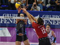 Milica Kubura of Olympiacos Athens is in action during the International Trophy ''Una squadra per un sorriso'' match between Reale Mutua Fen...