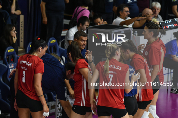 Lorenzo Micelli coaches Olympiacos Athens during the International Trophy ''Una squadra per un sorriso'' match between Reale Mutua Fenera Ch...