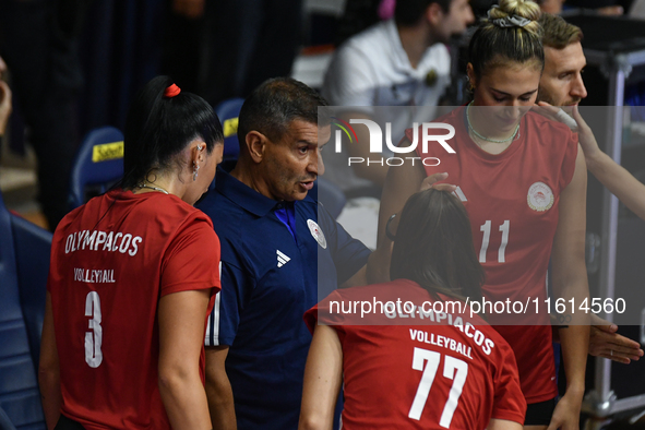 Lorenzo Micelli coaches Olympiacos Athens during the International Trophy ''Una squadra per un sorriso'' match between Reale Mutua Fenera Ch...