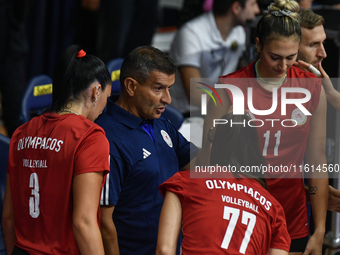 Lorenzo Micelli coaches Olympiacos Athens during the International Trophy ''Una squadra per un sorriso'' match between Reale Mutua Fenera Ch...