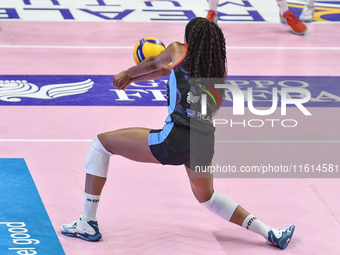 #21 Loveth Omoruyi of Chieri '76 is in action during the International Trophy ''Una squadra per un sorriso'' match between Reale Mutua Fener...