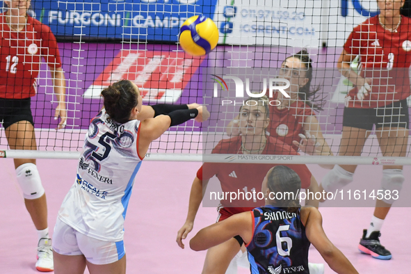 Ilaria Spirito of Chieri '76 is in action during the International Trophy ''Una squadra per un sorriso'' match between Reale Mutua Fenera Ch...