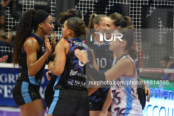 Reale Mutua Fenera Chieri '76 celebrates scoring during the International Trophy ''Una squadra per un sorriso'' match between Reale Mutua Fe...