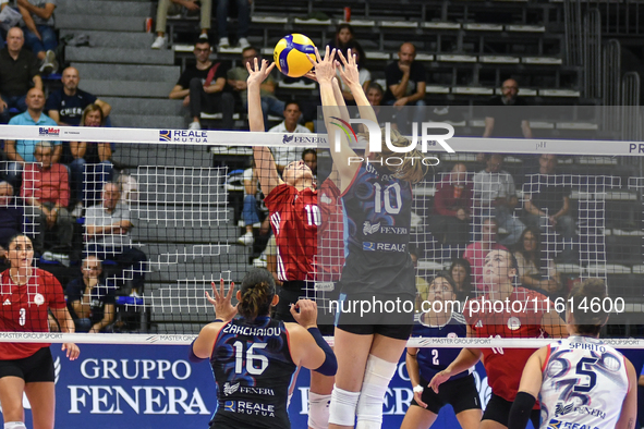 Melina Emmanoulidou of Olympiacos Athens is in action during the International Trophy ''Una squadra per un sorriso'' match between Reale Mut...