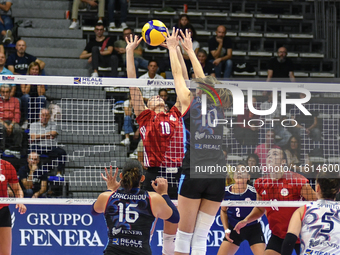 Melina Emmanoulidou of Olympiacos Athens is in action during the International Trophy ''Una squadra per un sorriso'' match between Reale Mut...