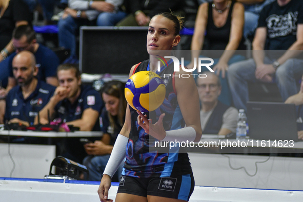 Sara Alberti of Chieri '76 is in action during the International Trophy ''Una squadra per un sorriso'' match between Reale Mutua Fenera Chie...