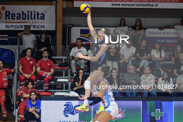 Lucille Giquel of Chieri '76 is in action during the International Trophy ''Una squadra per un sorriso'' match between Reale Mutua Fenera Ch...