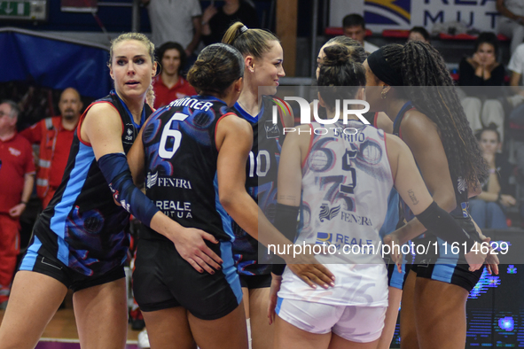 Reale Mutua Fenera Chieri '76 celebrates scoring during the International Trophy ''Una squadra per un sorriso'' match between Reale Mutua Fe...