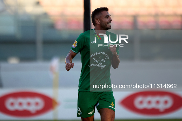 Jake Grech of Floriana gestures in celebration after scoring the 1-0 goal during the Malta 360 Sports Premier League soccer match between Fl...