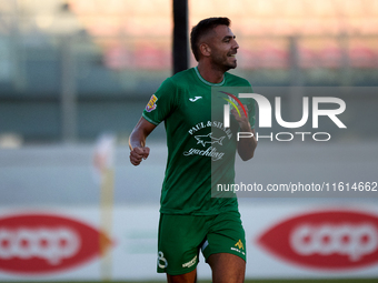 Jake Grech of Floriana gestures in celebration after scoring the 1-0 goal during the Malta 360 Sports Premier League soccer match between Fl...