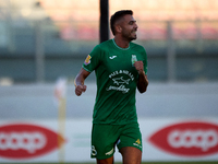 Jake Grech of Floriana gestures in celebration after scoring the 1-0 goal during the Malta 360 Sports Premier League soccer match between Fl...