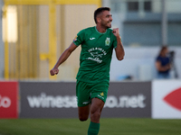 Jake Grech of Floriana gestures in celebration after scoring the 1-0 goal during the Malta 360 Sports Premier League soccer match between Fl...