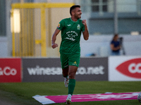 Jake Grech of Floriana gestures in celebration after scoring the 1-0 goal during the Malta 360 Sports Premier League soccer match between Fl...