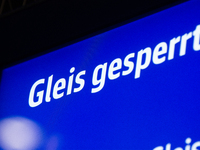 A general view of a sign indicating the closure of a platform due to construction work is seen at Cologne Central Station, which is closed t...