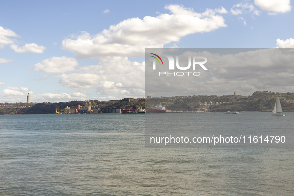 A general view of a cargo ship in Lisbon, Portugal, on September 27, 2024. Data from the BdP indicate that revenue from tourism, which is re...