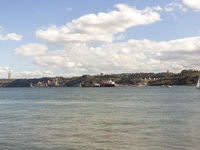 A general view of a cargo ship in Lisbon, Portugal, on September 27, 2024. Data from the BdP indicate that revenue from tourism, which is re...