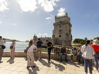 A general view of people at the Belem Tower in Lisbon, Portugal, on September 27, 2024. Data from the BdP indicate that revenue from tourism...