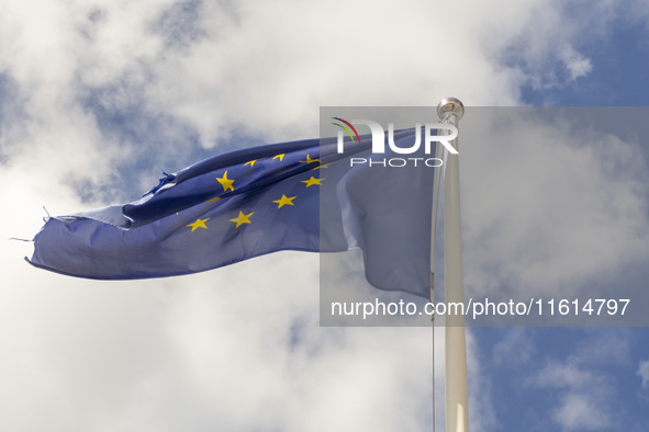 A European Union flag is seen in Lisbon, Portugal, on September 27, 2024. Data from the BdP indicate that revenue from tourism, which is ref...