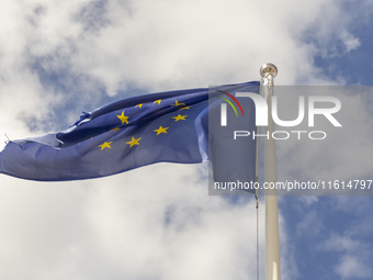 A European Union flag is seen in Lisbon, Portugal, on September 27, 2024. Data from the BdP indicate that revenue from tourism, which is ref...