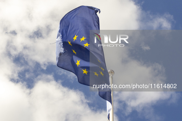 A European Union flag is seen in Lisbon, Portugal, on September 27, 2024. Data from the BdP indicate that revenue from tourism, which is ref...