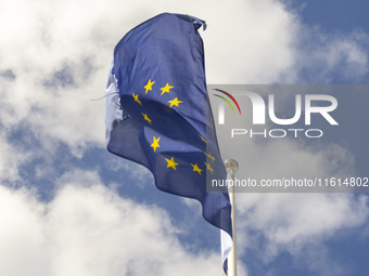 A European Union flag is seen in Lisbon, Portugal, on September 27, 2024. Data from the BdP indicate that revenue from tourism, which is ref...