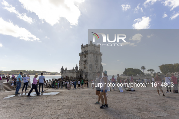 A general view of people at the Belem Tower in Lisbon, Portugal, on September 27, 2024. Data from the BdP indicate that revenue from tourism...