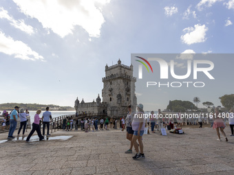 A general view of people at the Belem Tower in Lisbon, Portugal, on September 27, 2024. Data from the BdP indicate that revenue from tourism...