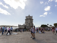 A general view of people at the Belem Tower in Lisbon, Portugal, on September 27, 2024. Data from the BdP indicate that revenue from tourism...