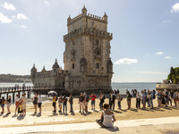 A general view of people at the Belem Tower in Lisbon, Portugal, on September 27, 2024. Data from the BdP indicate that revenue from tourism...