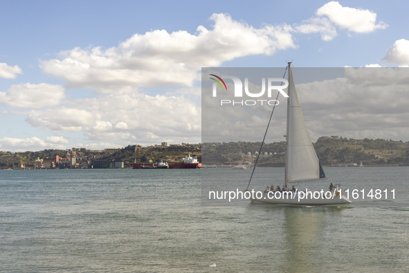 A general view of a cargo ship in Lisbon, Portugal, on September 27, 2024. Data from the BdP indicate that revenue from tourism, which is re...