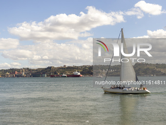 A general view of a cargo ship in Lisbon, Portugal, on September 27, 2024. Data from the BdP indicate that revenue from tourism, which is re...