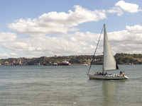 A general view of a cargo ship in Lisbon, Portugal, on September 27, 2024. Data from the BdP indicate that revenue from tourism, which is re...