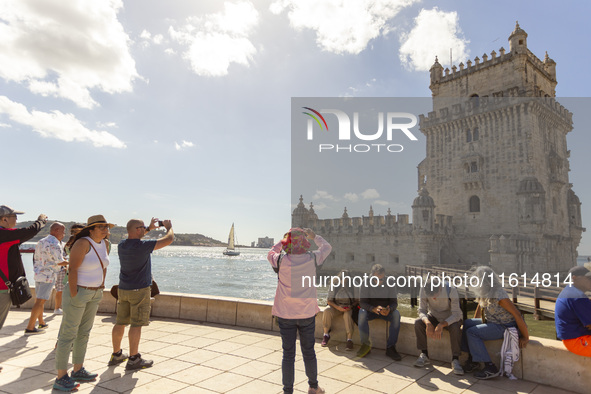 A general view of people at the Belem Tower in Lisbon, Portugal, on September 27, 2024. Data from the BdP indicate that revenue from tourism...