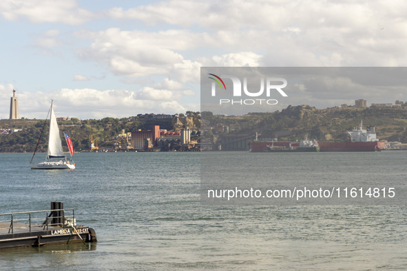 A general view of a cargo ship in Lisbon, Portugal, on September 27, 2024. Data from the BdP indicate that revenue from tourism, which is re...