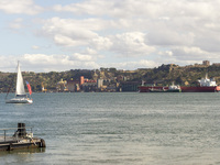 A general view of a cargo ship in Lisbon, Portugal, on September 27, 2024. Data from the BdP indicate that revenue from tourism, which is re...