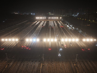 Bullet trains stop at the Nanjing South Railway station in Nanjing, China, on September 28, 2024. China's railways are expected to carry 175...