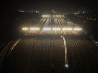 Bullet trains stop at the Nanjing South Railway station in Nanjing, China, on September 28, 2024. China's railways are expected to carry 175...