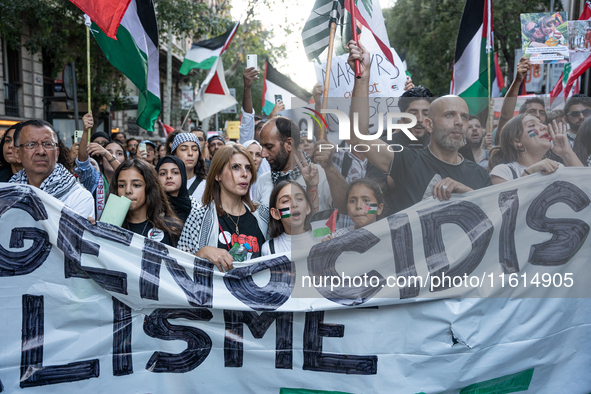 Thousands of people demonstrate in the center of Barcelona, Spain, on September 27, 2024, on the day that a general strike is declared in Sp...