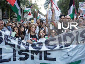 Thousands of people demonstrate in the center of Barcelona, Spain, on September 27, 2024, on the day that a general strike is declared in Sp...