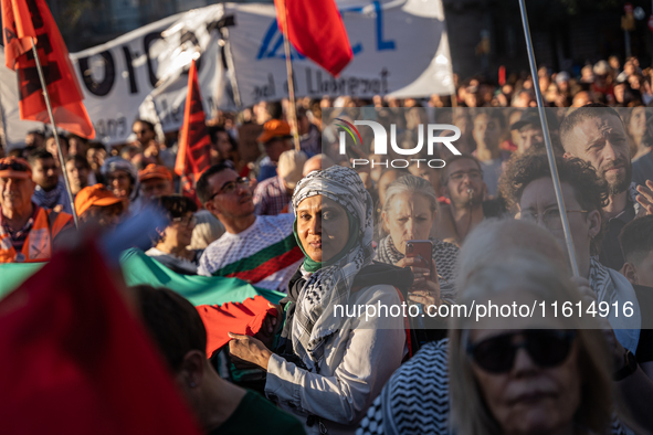 Thousands of people demonstrate in the center of Barcelona, Spain, on September 27, 2024, on the day that a general strike is declared in Sp...