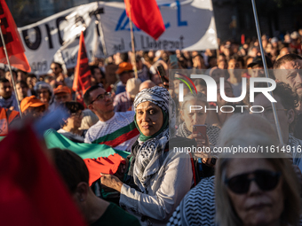 Thousands of people demonstrate in the center of Barcelona, Spain, on September 27, 2024, on the day that a general strike is declared in Sp...