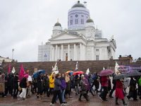 Activists from the environmental group Extinction Rebellion Finland ''Elokapina'' protest in Helsinki, Finland, on September 27, 2024. The g...