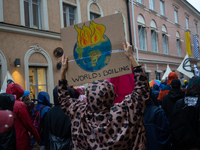 Activists from the environmental group Extinction Rebellion Finland ''Elokapina'' protest in Helsinki, Finland, on September 27, 2024. The g...