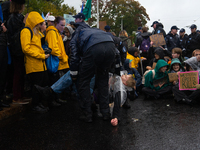 A police officer carries an activist from the environmental group Extinction Rebellion Finland ''Elokapina'' during a protest in front of th...