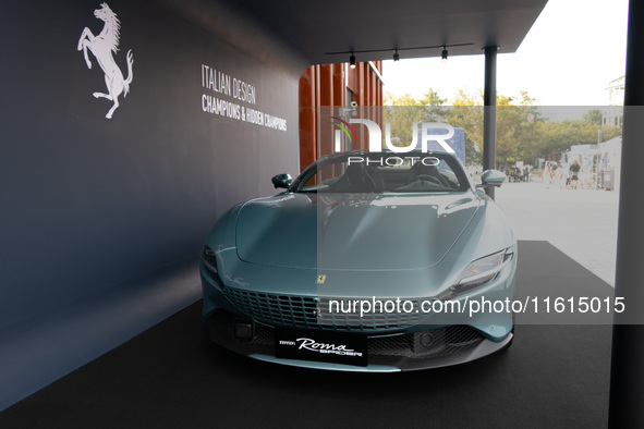 A Ferrari Roma is displayed in the main exhibition hall at WDCC2024 in Shanghai, China, on September 27, 2024. 